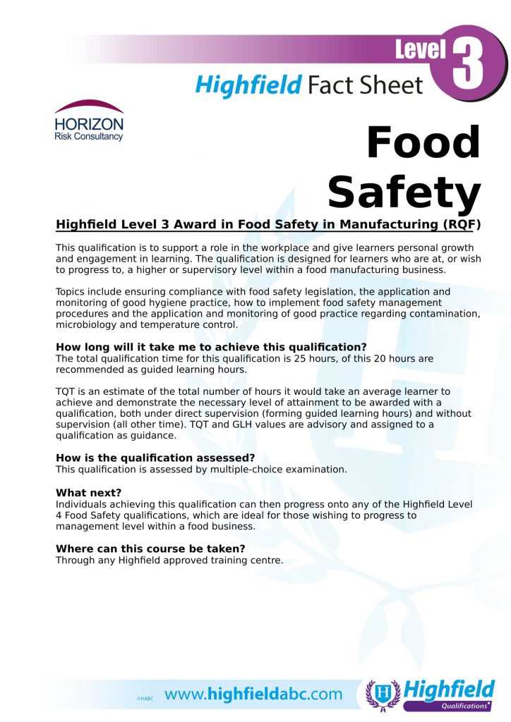 Highfield Level 3 Award In Food Safety In Manufacturing Rqf Horizon