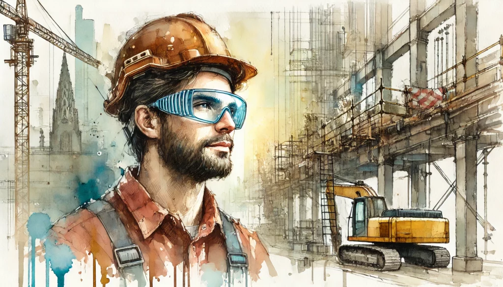 A watercolour painting of a construction worker wearing protective glasses.