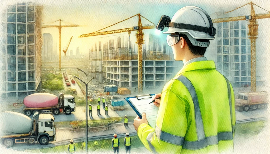 A watercolor painting of a health and safety professional overlooking a construction site. The person is wearing a high-visibility fluorescent yellow jacket