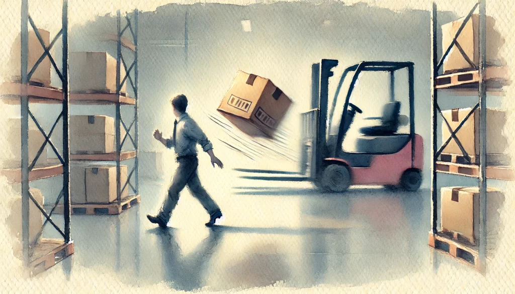A watercolour painting depicting a near miss in the workplace