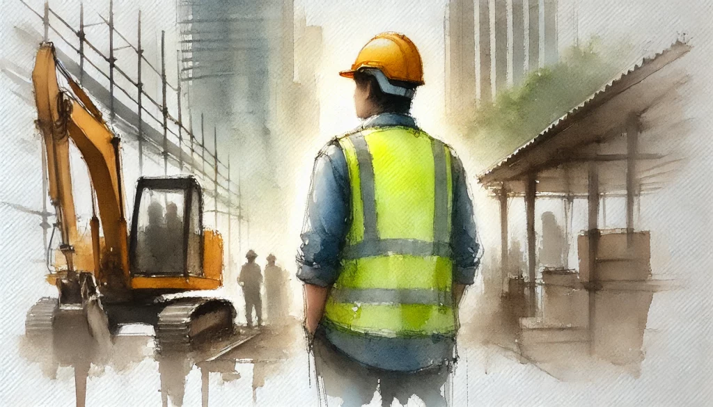 A watercolour painting of a worker standing in front of a work site
