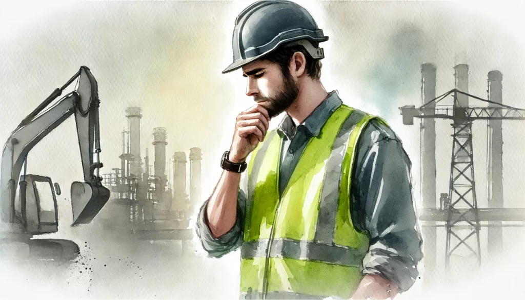 A watercolour painting of a health and safety worker deep in thought.