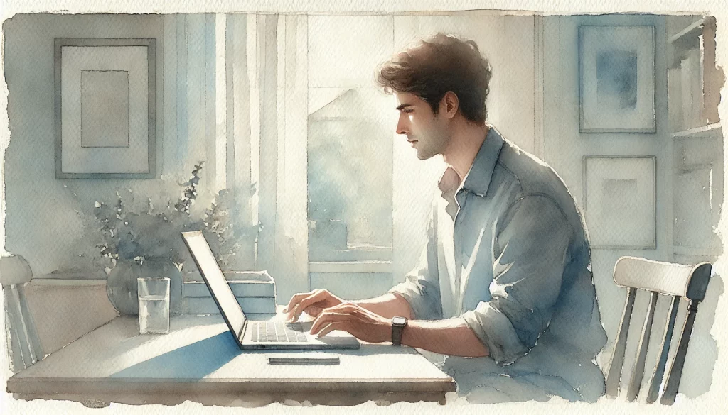 A watercolour painting of a student typing on a laptop.