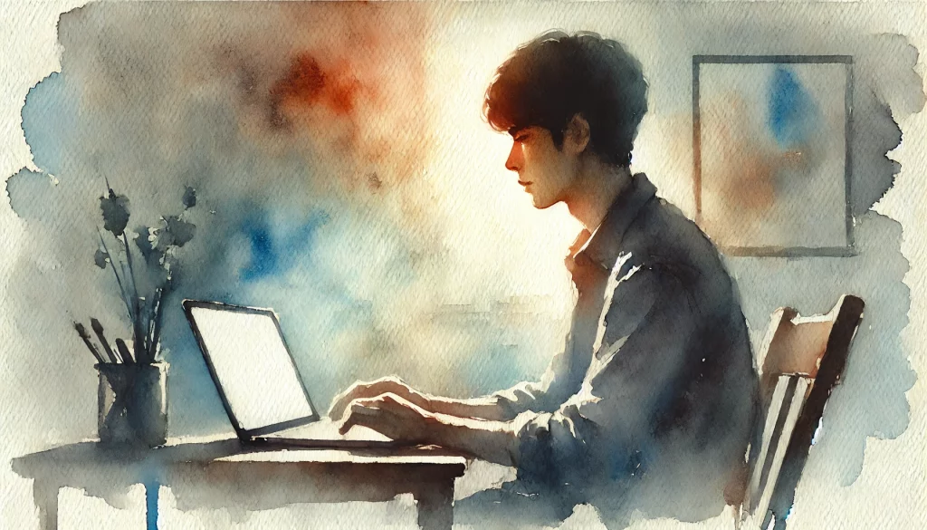 A student sat in front of a laptop at a desk typing.