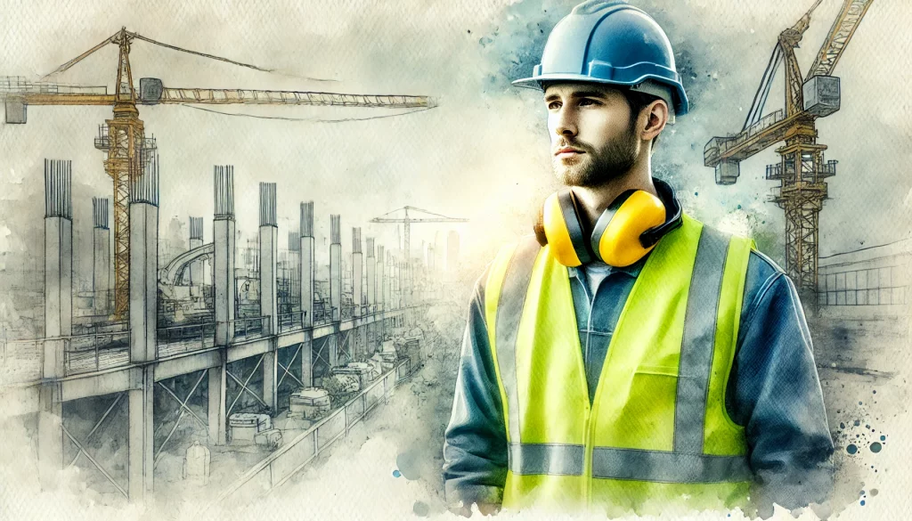 An image of a construction worker wearing safety equipment standing in front of a construction site.